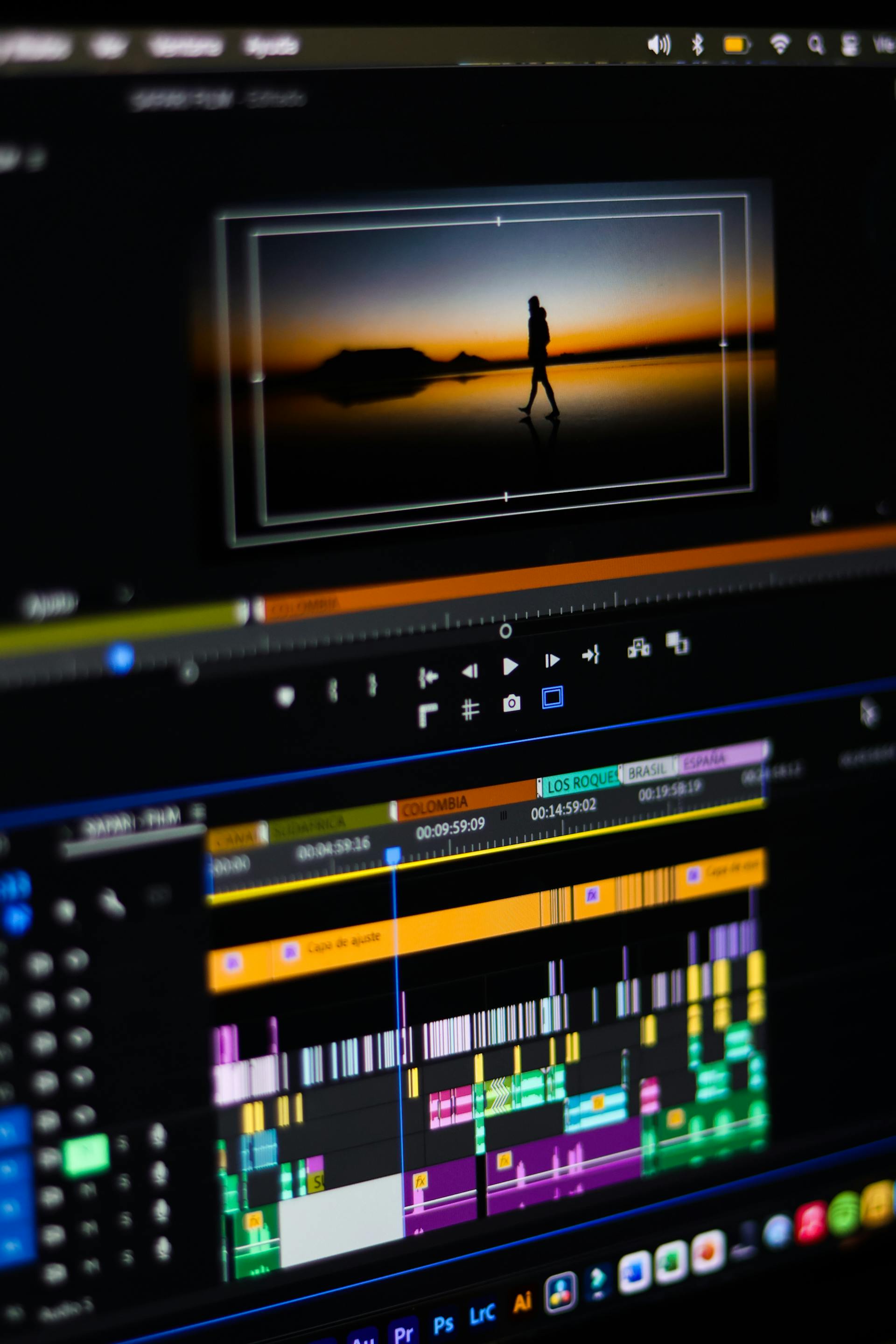 Professional video editing studio with multiple monitors