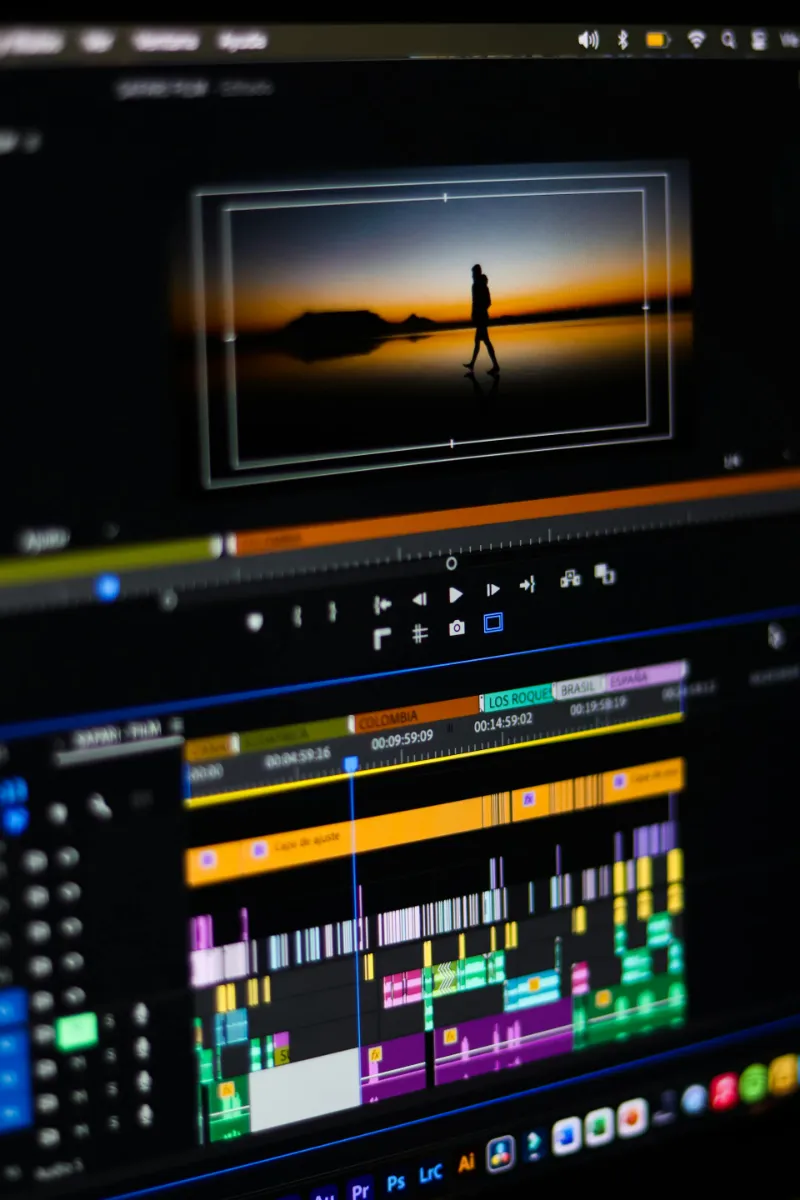Professional video editing studio with multiple monitors